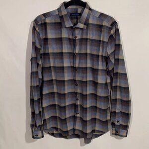 Patrick Assaraf Long Sleeve Button Up Flannel Shirt Size Medium Blue Brown